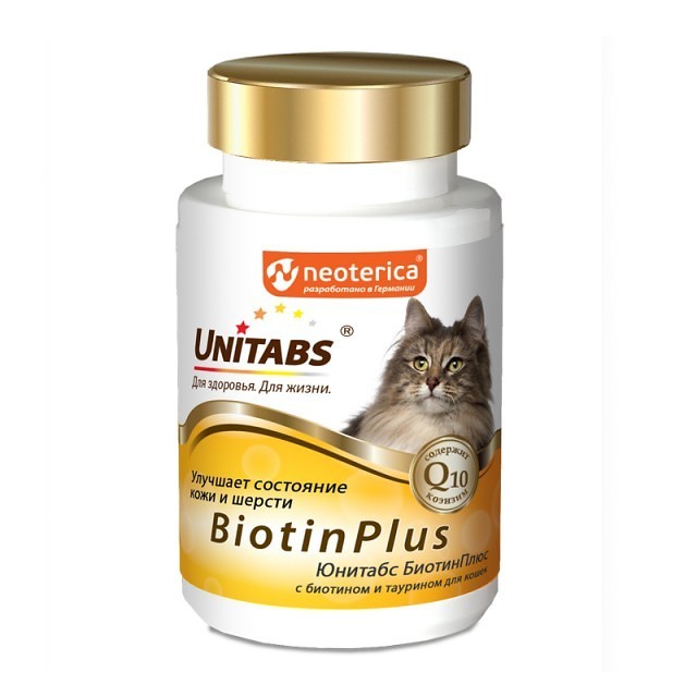 Витамины Unitabs BiotinPlus с Q10 для кошек, 120таб фото, цены, купить