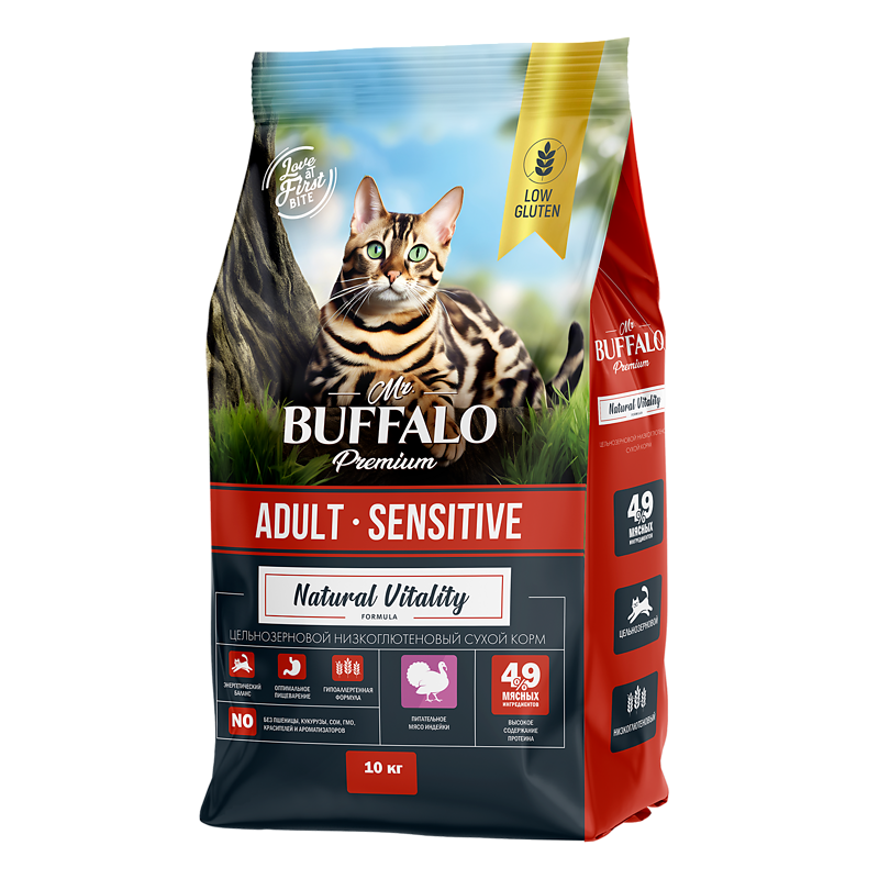 Mr.Buffalo ADULT SENSITIVE с индейкой  для кошек с чувствительным пищеварением 10кг фото, цены, купить