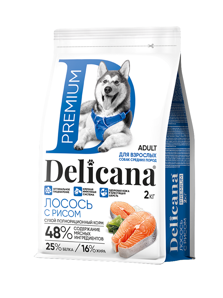 Delicana Лосось с рисом для собак средних пород 2кг фото, цены, купить