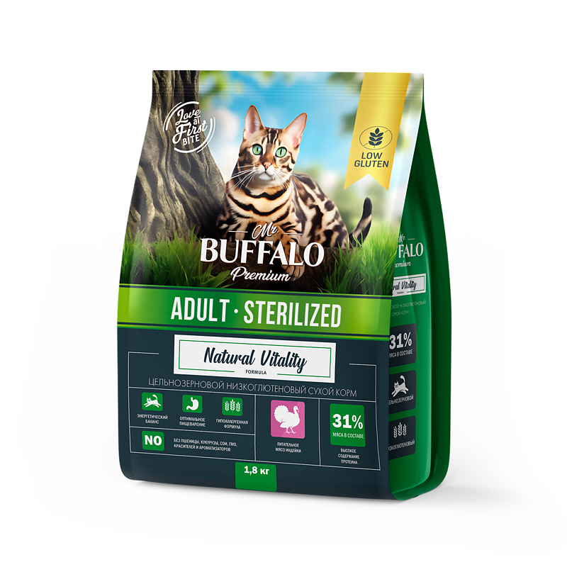 Mr.Buffalo STERILIZED с индейкой для стерилизованных кошек 1,8кг фото, цены, купить