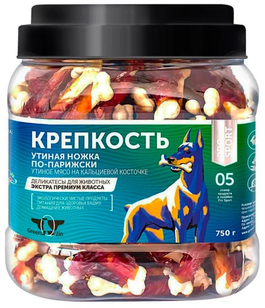 Лакомства Green Qzin КРЕПКОСТЬ Кальциевая косточка с уткой 750г (банка) фото, цены, купить