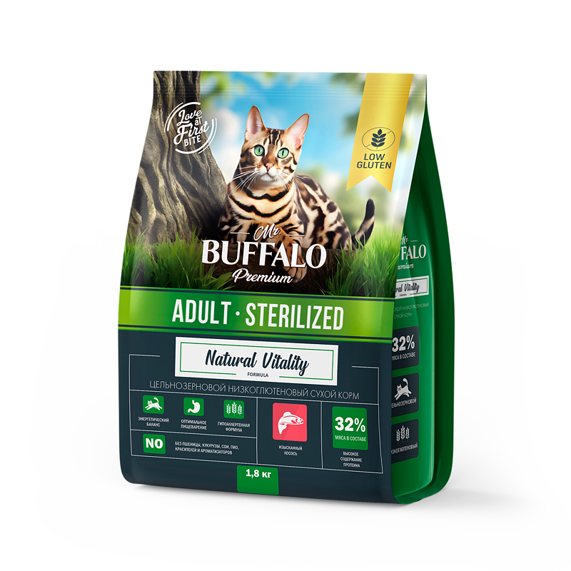 Mr.Buffalo STERILIZED с лососем для стерилизованных кошек 1,8кг фото, цены, купить