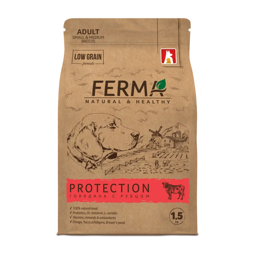 FERMA Protection сухой корм для собак малых и средних пород говядина с рубцом 1.5кг фото, цены, купить