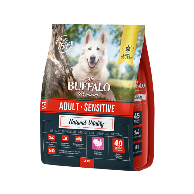 Mr.Buffalo ADULT M/L SENSITIVE с индейкой для  ср/ крупных пород собак с чувствительным пищев. 2 кг фото, цены, купить