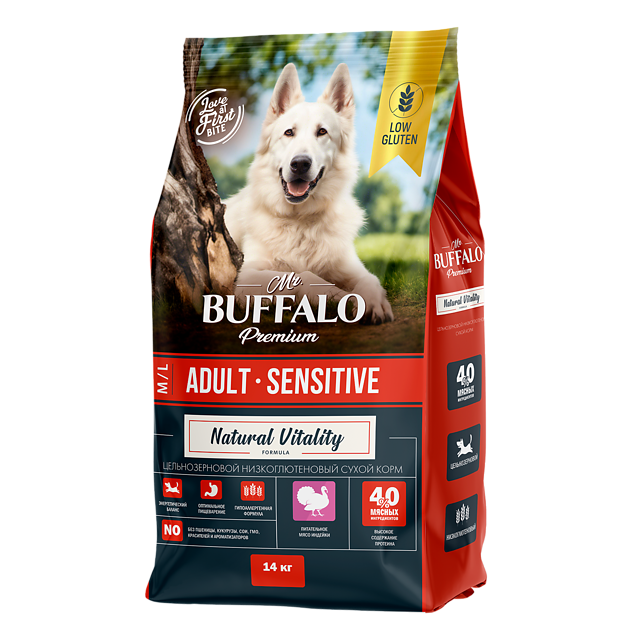 Mr.Buffalo ADULT M/L SENSITIVE с индейкой для собак средних и крупных пород 14 кг фото, цены, купить