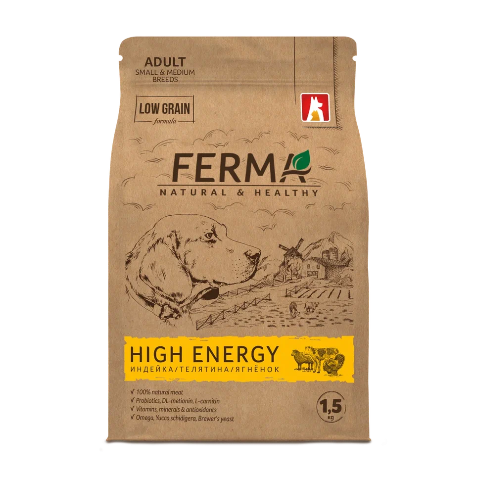 FERMA High Energy сухой корм для собак малых и средних пород индейка, телятина, ягненок 1.5кг фото, цены, купить