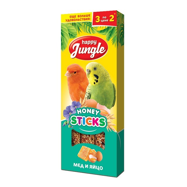 Happy Jungle лакомства для птиц Мёд и Яйцо (3палочки) 90г фото, цены, купить