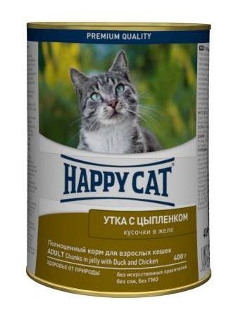 Happy Cat Консервы 400г  кусочки в желе утка и цыпленок  фото, цены, купить