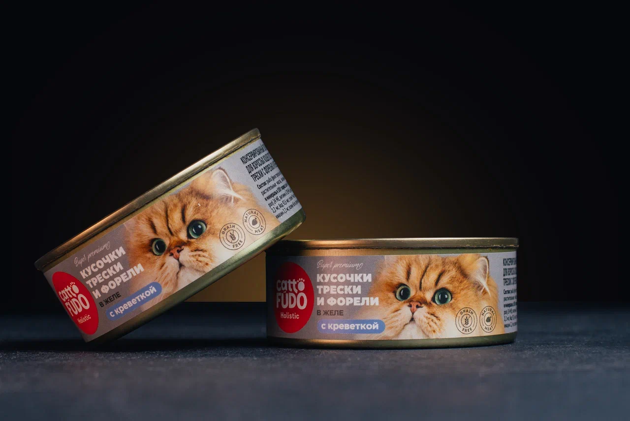Cattofūdo Holistic консервы для кошек кусочки трески с форелью и креветками в желе 80г фото, цены, купить