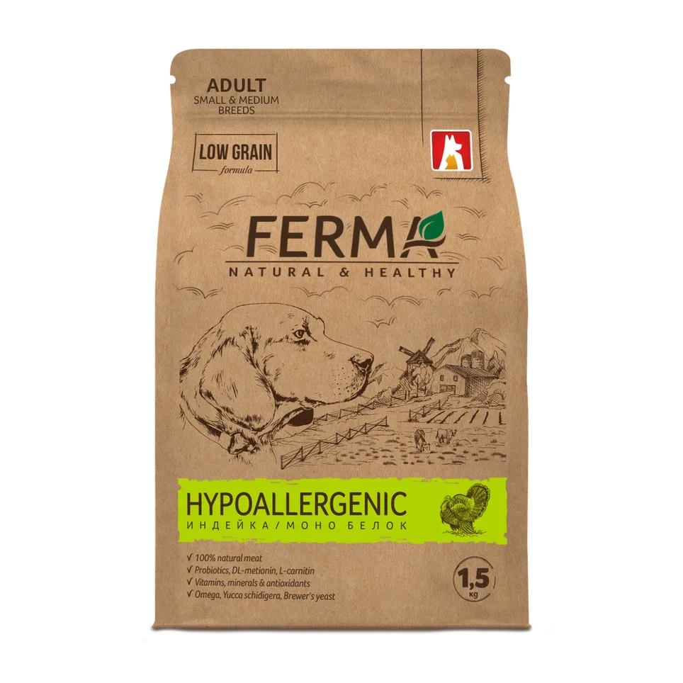 FERMA Hypoallergenic сухой корм для собак малых и средних пород индейка и моно белок 1.5кг фото, цены, купить