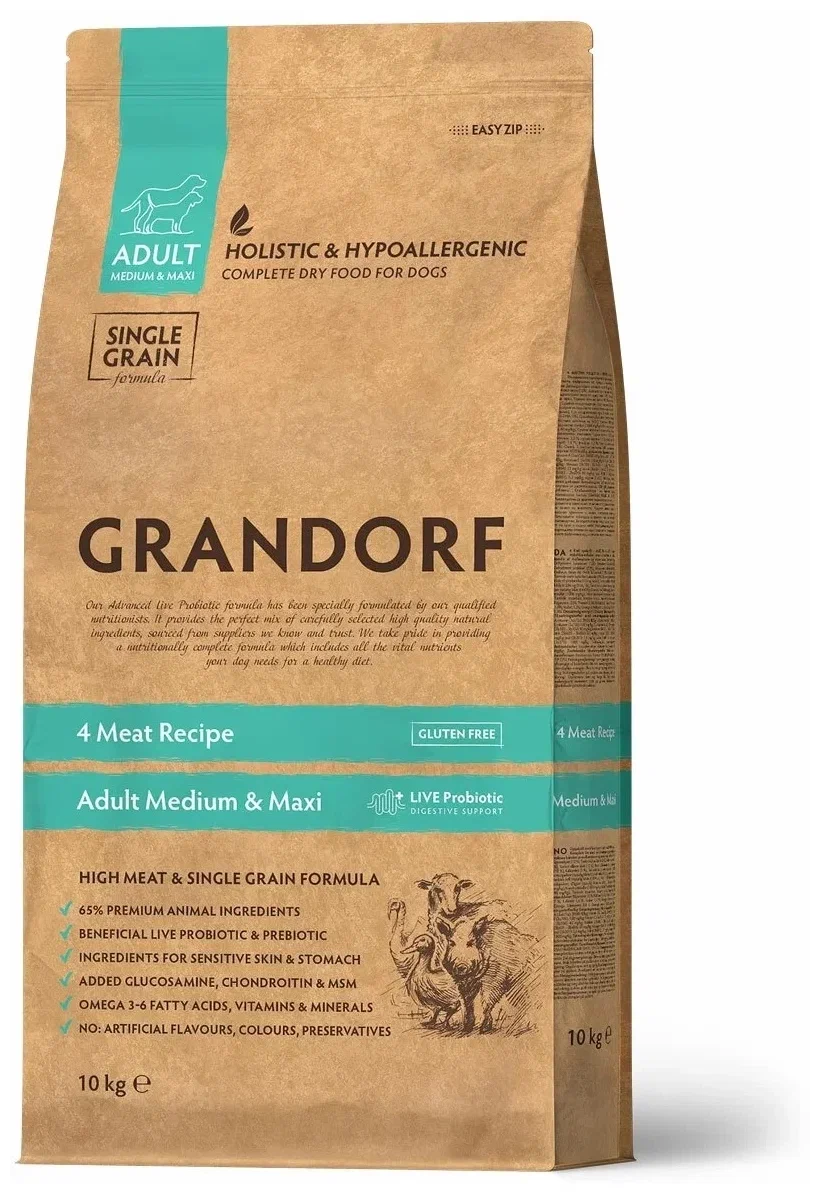 GRANDORF PROBIOTIC MEDIUM&MAXI 4вида мяса с пробиотиками для средних и крупных собак 10 кг фото, цены, купить