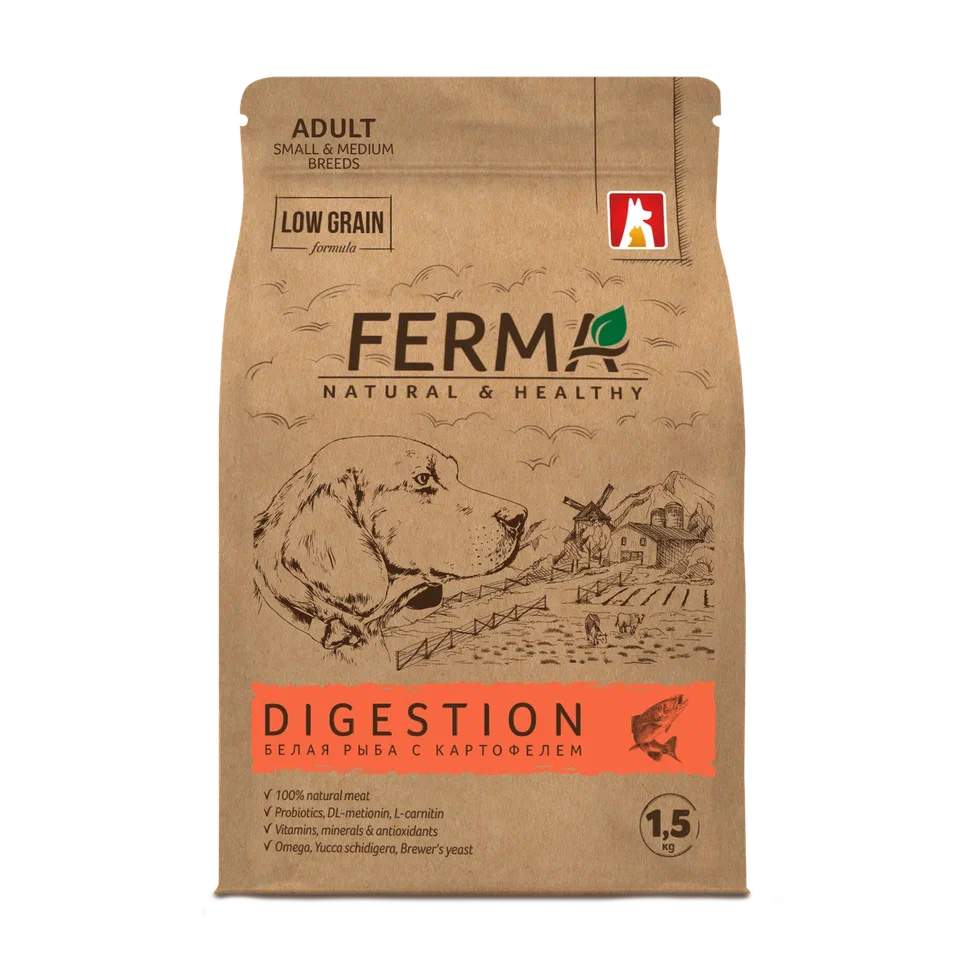 FERMA Digestion сухой корм для собак малых и средних пород с белой рыбой и картофелем 1.5кг фото, цены, купить