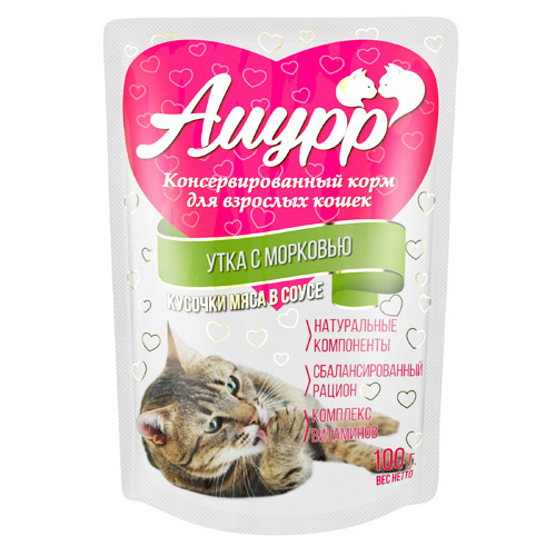 Амурр пауч 100г с уткой и морковью в соусе для кошек фото, цены, купить