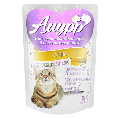 Амурр пауч 100г кусочки курицы в желе для кошек  фото, цены, купить