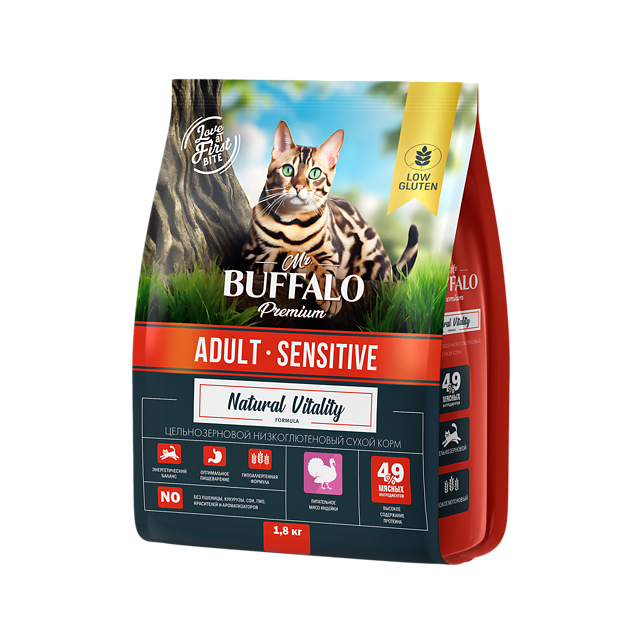 Mr.Buffalo ADULT SENSITIVE с индейкой для кошек с чувствительным пищеварением 1,8 кг фото, цены, купить