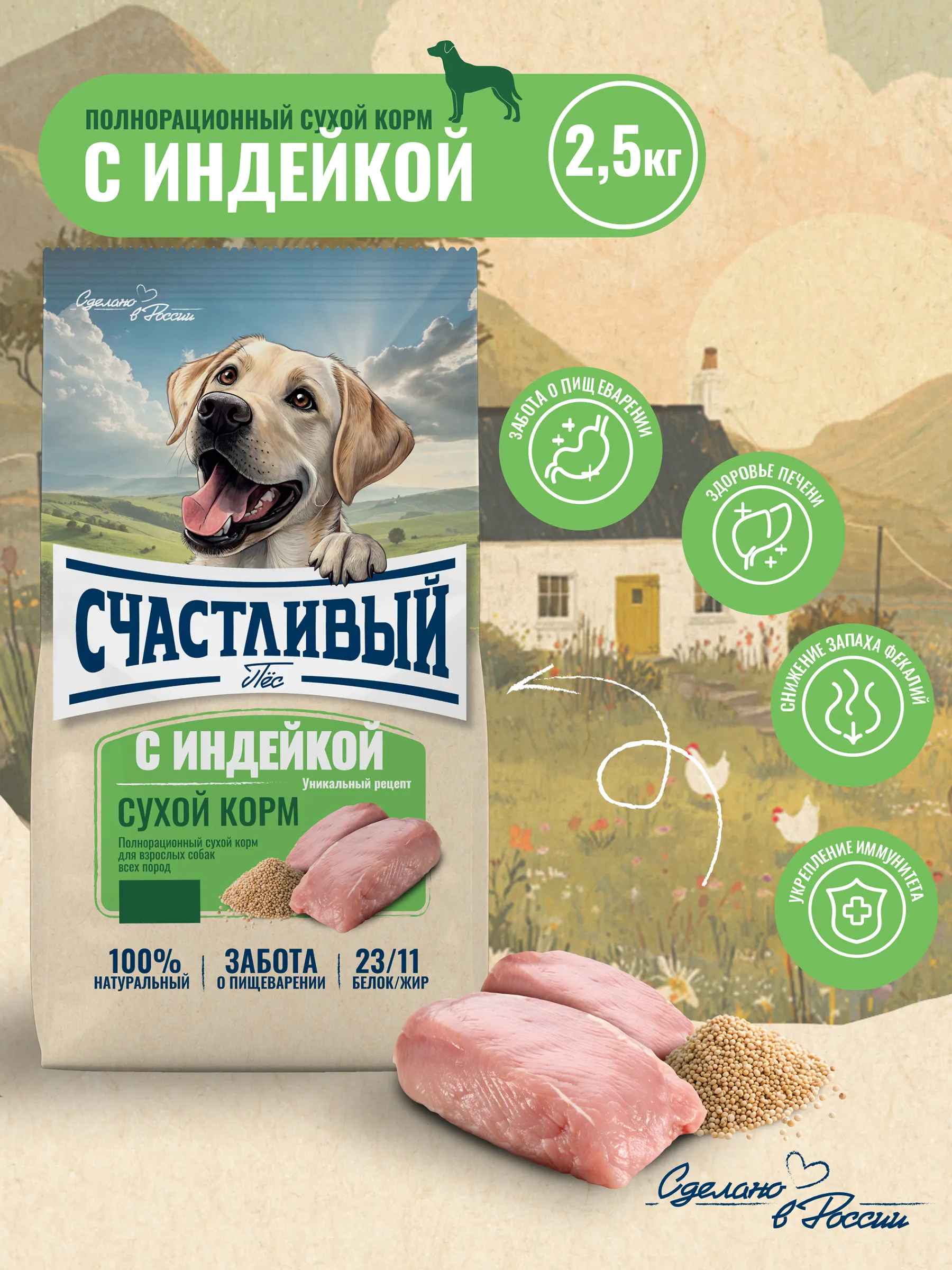 "Счастливый Пёс" для всех пород собак, Индейка 2,5кг фото, цены, купить