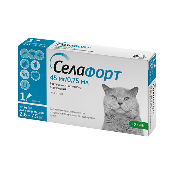 Селафорт (1пип*45мг/0,75мл) 2,6-7,5кг капли на холку для кошек фото, цены, купить