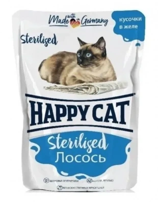 Happy Cat Паучи Желе Лосось кусочки для стерилизованных кошек 85г фото, цены, купить