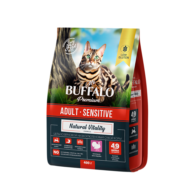 Mr.Buffalo ADULT SENSITIVE с индейкой для кошек с чувствительным пищеварением 400г фото, цены, купить