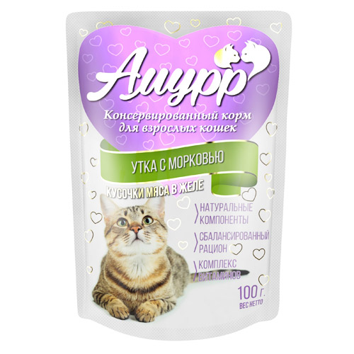 Амурр пауч 100г кусочки утки с морковью в желе для кошек  фото, цены, купить