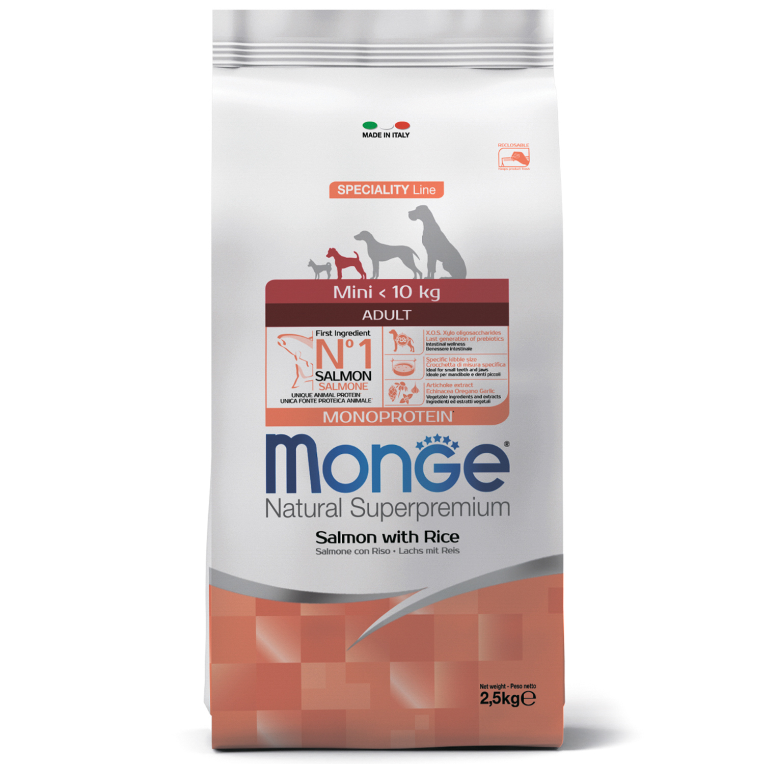 Monge Speciality Line Monoprotein сухой для взрослых собак мелких пород, Лосось/Рис 2,5кг фото, цены, купить