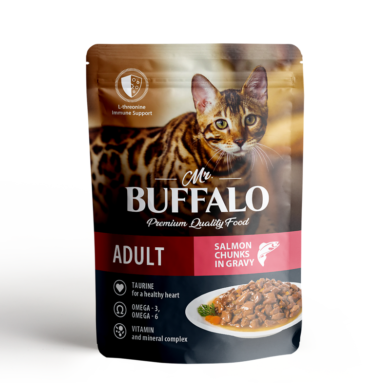 Mr.Buffalo пауч для взрослых кошек с чуствительной кожей HAIR&SKIN Соус  Лосось 85г фото, цены, купить