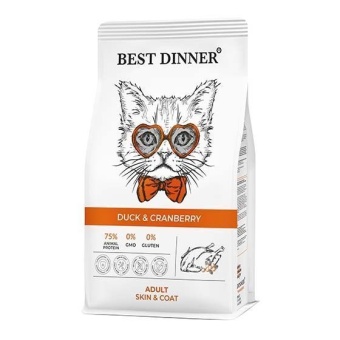 Best Dinner Adult Cat Duck & Cranberry с уткой и клюквой для ухода за кожей и шерстью  кошек1,5 кг фото, цены, купить