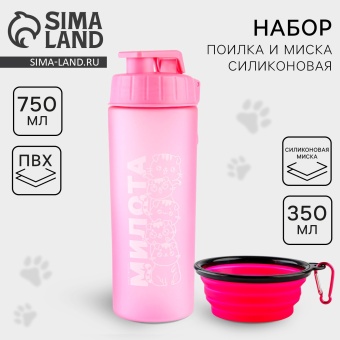Поилка и силиконовая миска «Котики» 750мл+350мл фото, цены, купить